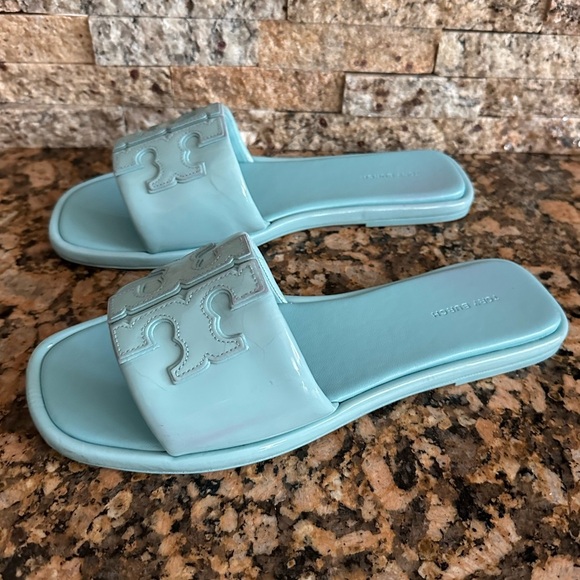 Tory Burch Double T Sport Slide Patent Leather Misty Aqua - Picture 4 of 9